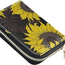 Yellow Sunflowers Floral On Black RFID Credit Card Wallet, Microfiber Leather Zipper Card Case Holder for Women-image-94