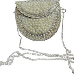 Vintage Pearl Metal Crossbody Clutch Bag, Silver Chain Strap, Small Evening Purse-image-72