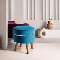 JUMBO CRAFTS Round Wooden Velvet Ottoman - Footrest Stool Linen Fabric Padded Seat Pouffe Ottoman Round Shape Pouffe/Office Stool for Living Room - (Aqua)-image-23