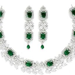 Rhodium-Plated With Silver-Toned Green And White American Diamond Studded Necklace And Earrings Jewellery Set For Women-1