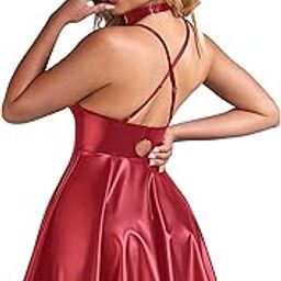 Womens PU Leather Lingerie Dress Deep V-Neck Bodycon Dress Spaghetti Strap Backless Clubwear-image-25