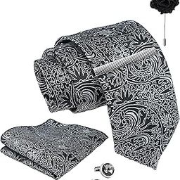 Tie for Men – Paisley Silk Neck Ties Set with Cufflinks Flower Pin, Pocket Square & Black Gift Box, Combo Necktie Sets for Office Wear, Formal Suits & Weddings (Classic Black, NXPLX_216)-image-95