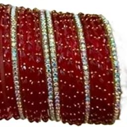 Traditional Red Glass Beaded Bangle with Crystal Accents, Women's Fashion Bracelet-image-4