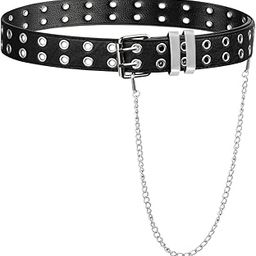 Belt for Women Jeans Punk Belt, Women Belt with Hip Chain 43 inches Dual Row Hole Design PU Leather Belt for Women Dresses for Pants Jeans Skirt-image-86
