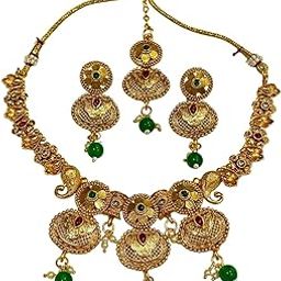 Traditional Indian Jewellery Set with Necklace, Earrings and Maang Tikka, Antique Gold-Plated with Green and Pink Stones-image-41