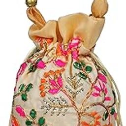 Raw Silk Floral Ethnic Rajasthani Multicolor Embroidered Potli Bag Handbag, Wristlets, Clutch for Women, Girls with Handmade,Color : Multi-17