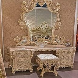 Classic Wood and Craft Wooden Dresser in Teak Wood, Golden Polish with Stool, Saharanpur (Without Mirror)-18