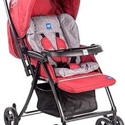 Mee Mee Easy to Push Baby Stroller Pram with Quick One Hand Folding | Comfortable Seating | Fully Rotating Wheels | Feeding Tray for New Born Baby/Kids, 0-4 Years, Red-84