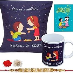 Kaameri Bazaar Rakhi Gift for Brother, One in a Million Brother and Sister Printed Cushion with Filler, Mug, Rakhi for Brother, Roli & Greeting Card -Rakhi Gift for Brother bhai Men-image-22