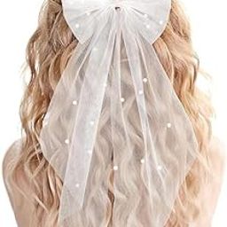 Shivashay 1 Pcs Luxury Bridal Pearl Veil Hair Bow Wedding White Tulle Bow with Clip Wedding Bachelorette Hair Accessories for Women, Large Hair Bow with Barrette(White Pearl)-image-70