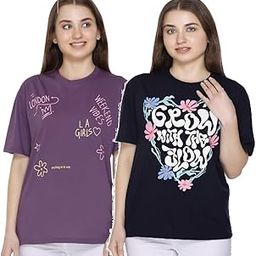 Women Printed Drop-Shoulder Sleeves Oversized Pure Cotton T-Shirt (Combo of 2) |XS-XL Size-image-42