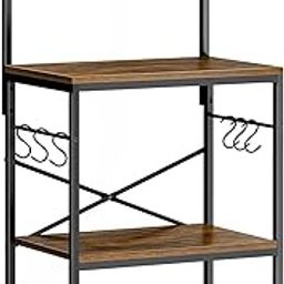DESKIZIA 4-Tier Baker’s Rack and Coffee Bar Table, Kitchen Microwave Stand with 6 S-Hooks – Storage Shelf for Spices, Pots, and Pans (Brown)-5
