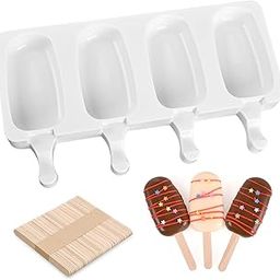 Skytail Silicone cakesicle Mould with 50 Wooden Sticks 4 Cavity Oval Shape Popsicle Mold Reusable Ice Pop Makers Ice Cream Kulfi Candy Lolly for Children & Adults Pack of 1 Choco bar Mould-3