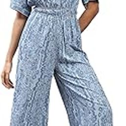 Blue Floral Print Denim Jumpsuit-image-3