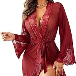Women Lace Kimono Robe Babydoll Lingerie Mesh Chemise Nightgown Cover Up Robe with Panty-image-78