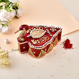 ascension Handicrafts Tika Chopra in Peacock Shape Meenakari Work/Kumkum Box with Chawal-Akshat-Haldi Wooden Chopda for Gift and Pooja Decorative Purpose Item-image-36