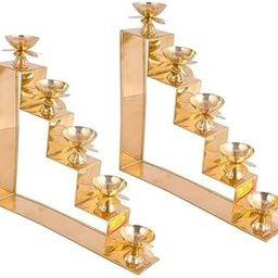 Decorative Brass Diya Stand Set, 5-Step L-Shaped Design, Gold Finish, Traditional Temple Decor, Pack of 2-image-69
