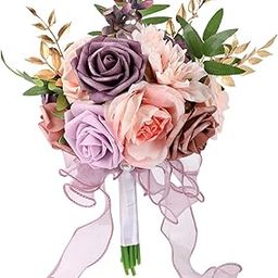 THE STYLE SUTRA 29cm Artificial Roses Bride Wedding Bouquet Handmade Elegant Tossing Bouquet Pink Purple-picture-27