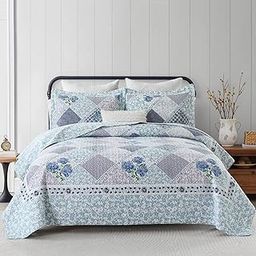 Finlonte 120"x120“ California King Bedspread, 100% Cotton Oversized King Bedspread Coverlets Large Size Bedding Set, Blue Floral Farmhouse Plaid Patchwork Lightweight Reversible XL King Quilt, 3 Piece-image-2