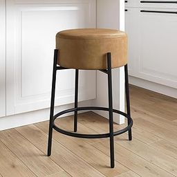 Indian Decor 26801 Modern Backless Bar Stool 24" with Round Soft Padded Faux Leather Upholstered Seat and Metal Mid-Century Base, Light Brown/Black-image-51