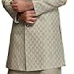 Men's Kurta Sherwani Churidar Set Indo-Western, Grey Silk Blend, Woven Design Mandarin Collar Long Sleeves Regular Fit-image-20