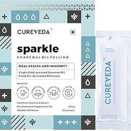 Cureveda Sparkle Charcoal Oil Pulling for Mouth | | Herbal Mouthwash with Virgin Coconut Oil | Healthy Teeth, Stronger Gums, Oral Detox | Peppermint Flavour (270 gm) (30 Sachet)-image-80