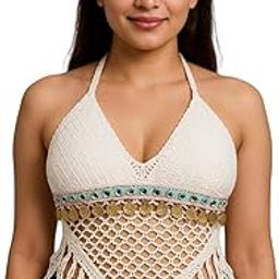 Crochet Halter Crop Top in White Cotton with Turquoise Trim, Gold Coin Embellishments, and Fringe – Boho Festival Style, Adjustable Fit, Summer Beachwear-image-4