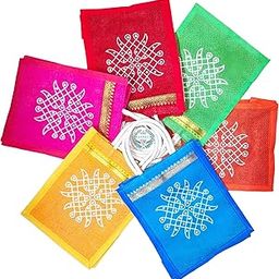 Jute Bags with Contrast Kolam Print for Return Gifts | Thamboolam And Jute Bags | Wedding Return Gifts | Birthday Return Gifts | Event Return gifts Bag | Multicolor 8x6x4 inches€-picture-27
