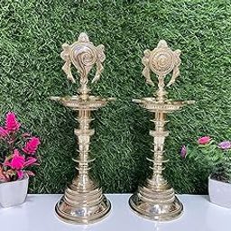 Traditional Brass Temple Oil Lamp, 5 Veek Decorative Shankh Chakra Design, Set of 2, Antique Gold Finish-26