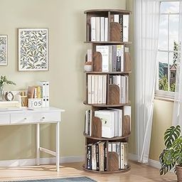 ABOUT SPACE Rotating Book Shelf for Home Library - 5 Tier 360° Book Rack | Wooden Round Bookstand with Partition, Curved Edges, Bottom Turnplate for Office Livingroom (Walnut - L 46 x B 46 x H 161 cm)-23