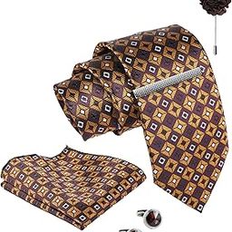 Tie for Men – Geometric Silk Neck Ties Set with Cufflinks Flower Pin, Pocket Square & Black Gift Box, Combo Necktie Sets for Office Wear, Formal Suits & Weddings (Copper Rust, NXPLX_180)-image-56