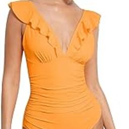 Shop Women's Ruffled One Piece Swimsuit – V Neck Lace-Up Tummy Control Swimwear, Flattering Ruched Monokini for Beach, Pool & Resort Wear-image-32