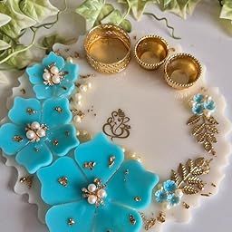8 Inch Resin Pooja Thali for Raksha Bandhan – Decorative 3D Flower Thali with 2 Roli Chawal Platter | Ganesh Design Festival Puja Thali for Rakhi, Diwali, Wedding, Pooja Decor (White & SkyBlue)-image-20