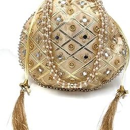 mirror work Silk Potli Bag with Pearl Handle and Thread Latkan for women-image-98