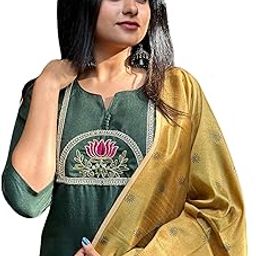 Womens Cotton Blend Solid Thread Work Kurta Set And Pant with Digital Print Dupatta Set-picture-1