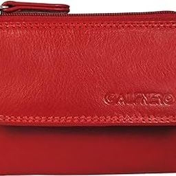 Genuine Leather Key Case Multi use Key and Coin Wallet with Zip and Flap Pocket-Black Leather Key Case (Red)-6