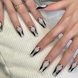Secret Lives Glossy Reusable Artificial Fake False Press on Nails Black Curve Design with Stud 24 PCS Set with Kit | Lightweight & Long Lating.-image-38