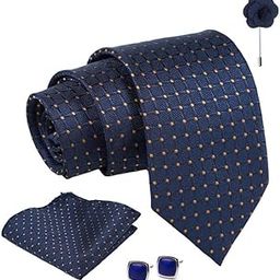 Navy Blue Dotted Tie For Men – Formal Ties Set With Pocket Square & Tie Pin Clip For Mens, Silk Neckties Gift Sets For Men’s (AX24_21)-image-11