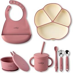 Cubkins Silicone Essential Feeding Set for Babies, Toddlers, Kids | BPA-Free & Microwave Safe | Plate & Bowl w Suction, Sippy Cup w Straw & Lid, Spoon, Fork, Early Feeding Spoon & Bib (Raspberry)-picture-1