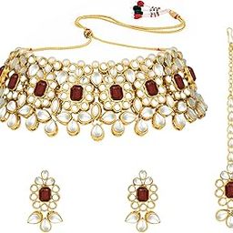 Ethnic Indian Traditional Jewellery 18K Gold Plated Kundan Pearl Floral Necklace Earring Mang Tikka Set for Women-15