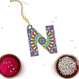 Alphabet N - Name Letter Lumba Rakhi for Bhabhi, Sister in Law | Set of 1 pc with Roli/Kumkum | Kids, Girls Designer, Fancy, Fun, Movie Wooden Rakhi Set| with Raksha Bandhan Greetings-image-52