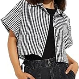Women Cotton Regular Fit URB_N Checked Crop Shirt-image-5