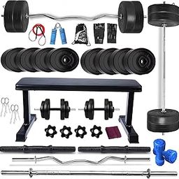 BodyFit Home Gym Exercise Equipment Combo Set, Weight Plates Flat Bench with 5Ft Straight, 3Ft Curl Rod and 2 Dumbbell Rods, Gym Bag and Accessories - 40KG Set, Black-4
