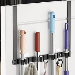 DEYILIAN Broom Holder Door Mount, Over the Door Broom and Mop Holder with 4 Racks and 3 Hooks Metal Wall Mount Broom Organizer Hanging Broom Storage Tool Rack for Closet Kitchen Cabinet Garden-image-22