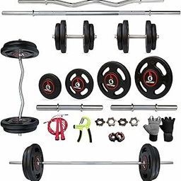 Leeway 4Cut Metal Integrated Rubber Coated Weight Plate 30 Kg Home Gym Set with 3Ft Curl (28mm), 5Ft Straight (28mm), Dumbbell Rods, Weight Plates Combo, Gym Equipment (30kg Set (2.5X4+5X4) Home Gym Combo)-28