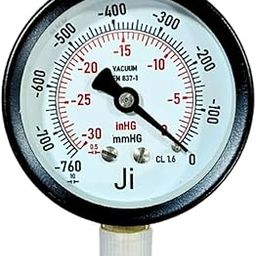 "Ji" Japsin Instrumentation Vacuum Gauge, Dial Size 2 1/2" (63 mm), Range -760 mmHg to 0 with Dual Scale of -30 Inhg to 0, Direct Mounting Bottom Entry, Connection 1/4" BSP (M)-23