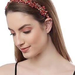 Metal Handmade Party Fancy Wedding Bridal Headband Hairband Hair Accessories with Pearls and Crystal for Women And Girls - Red-image-19