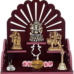 Fliptic Wooden Temple with Om Symbol, Wall-Mounted Pooja Mandir, Mahogany Finish for Home, Office, Shop, Wall Mounted Medium Size : 25.5x24x25 Cm Wooden Temple-image-11