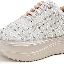 vendoz Women Hand Embroidery Wedding Party Bridal Floral High Heel Sneakers I Cushioned Insole I Comfortable Wear Wedge Shoes I for Ladies and Girls-picture-0
