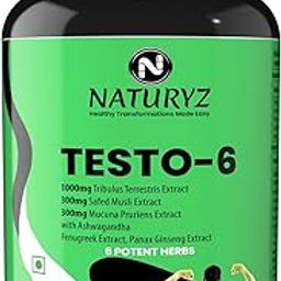 Naturyz Testo-6 Plant based Supplement For Men 2100mg per serving with Maximum Strength 1000mg Tribulus Terrestris, Safed Musli, Kaunj, Ashwagandha for Muscle gain, Stamina & Strength - 60Tablets-12